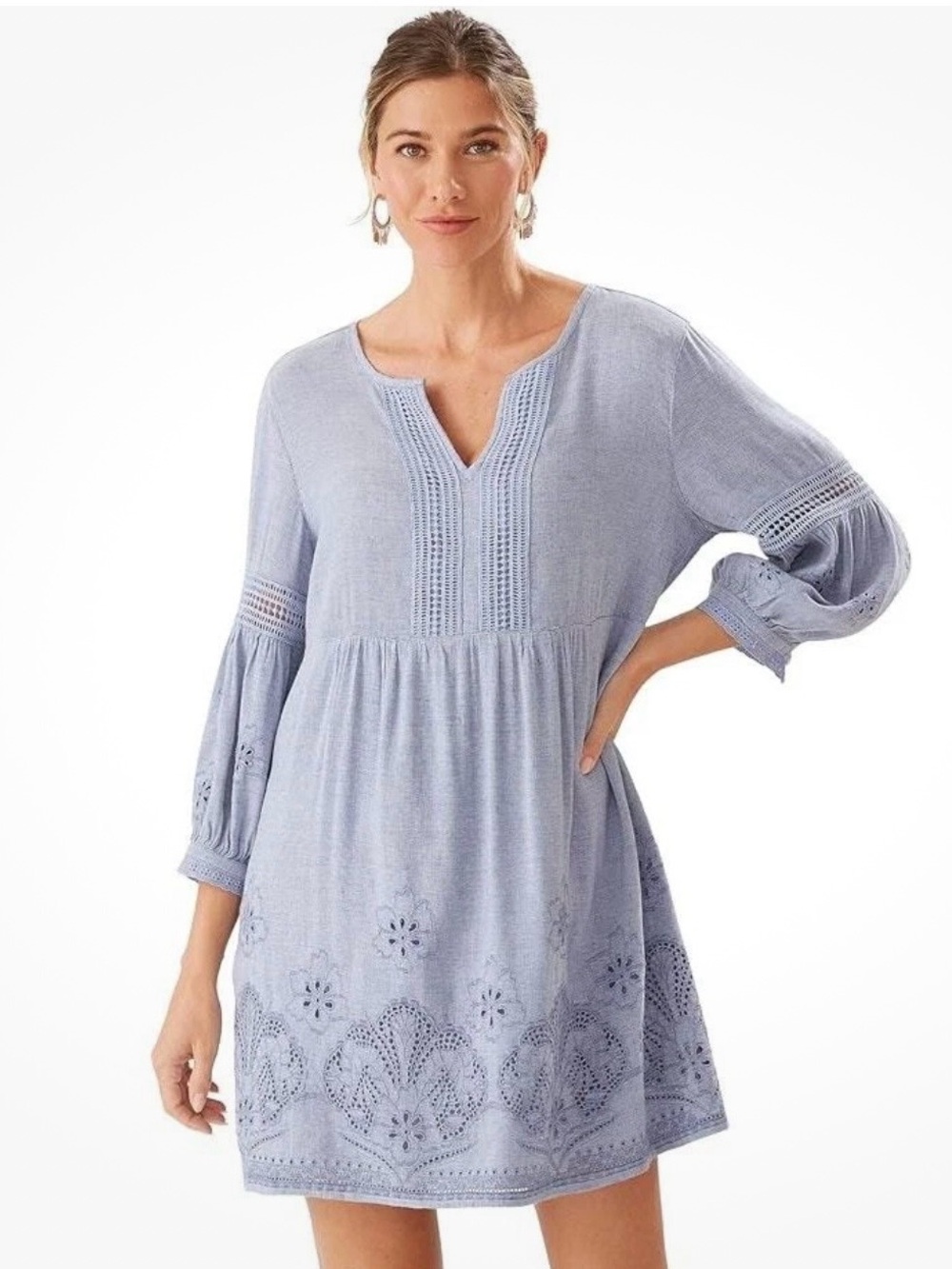 Tommy Bahama St. Lucia Linen Blend Split Neck Dress Cover Up Small Billowy Blue